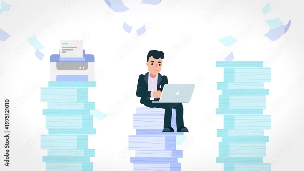 Overworked businessman sitting on pile of documents animation, workload ...