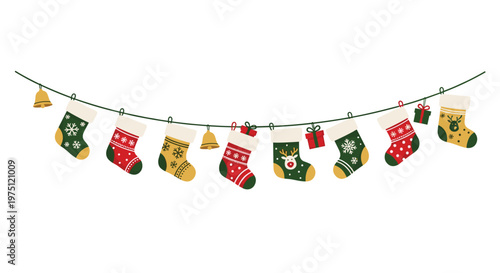 Decorative Christmas garland featuring alternating colorful stockings and shimmering golden bells strung along a thin line against a plain white surface.