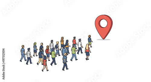 Diverse group of professional individuals walking in a synchronized line towards a prominent red location pin marker set against a pristine white field.