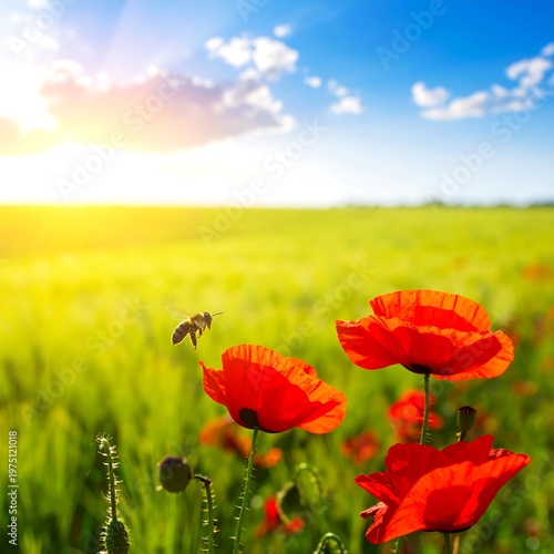 A vibrant summer scene features bright red flowers, a busy bee, a vast green field, and a bright blue sky with puffy white clouds
