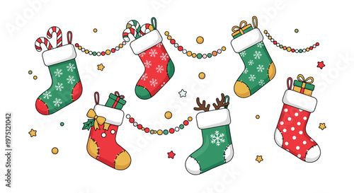 Vibrant festive holiday stockings adorned with intricate snowflake patterns and sweet candy canes hang gracefully against a clean minimalist white backdrop.