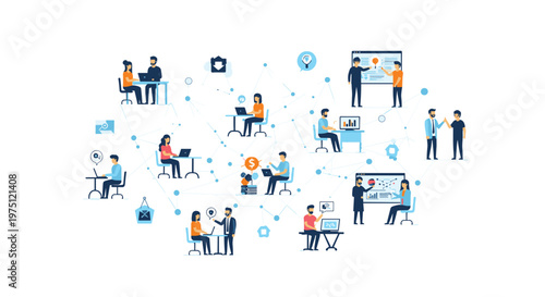 Wallpaper Mural Diverse corporate professionals collaborate on complex digital projects using modern laptops within a bright, minimalist office space with blue accents. Torontodigital.ca