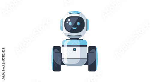 Friendly white robot with a rounded head and a glowing blue screen face stands in a neutral pose against a clean and bright minimalist white backdrop.