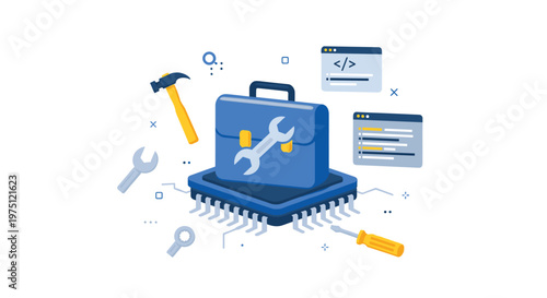 A blue briefcase featuring a wrench icon sits atop a computer processor surrounded by a hammer and screwdriver with floating code windows on white space.