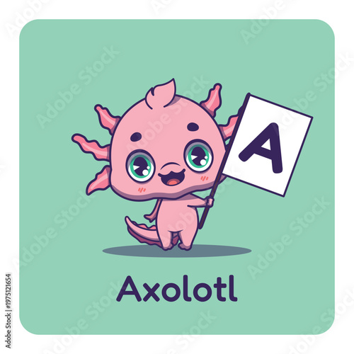 Cute axolotl holding flag with letter A for fun educational purposes, illustrations