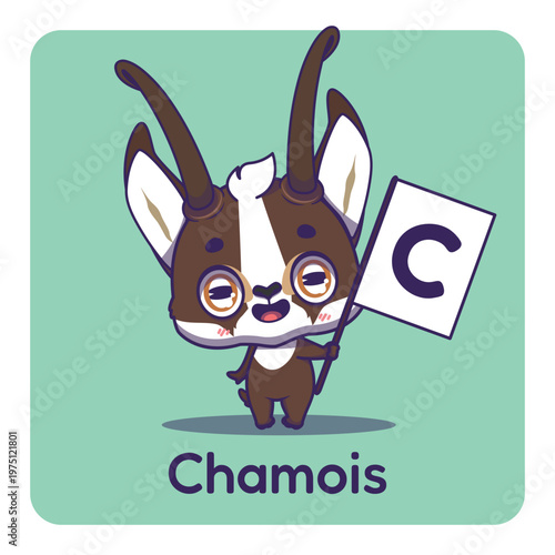 Cute chamois holding flag with letter C for fun educational purposes, illustrations