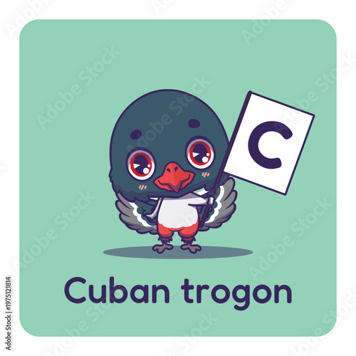 Cute cuban trogon holding flag with letter C for fun educational purposes, illustrations