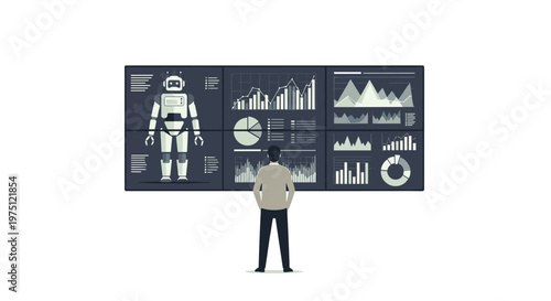 A professional man stands before a massive wall of monitors displaying detailed robot schematics and various financial data charts in a clean environment.