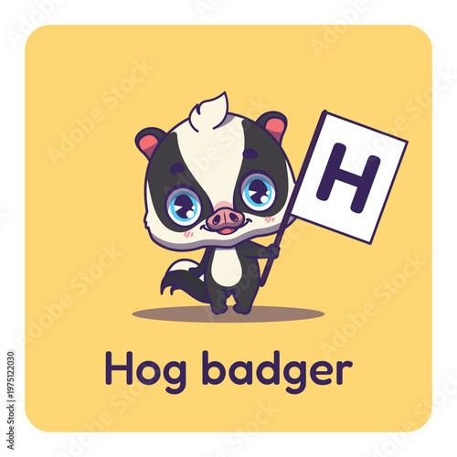 Fotografia Cute hog badger holding flag with letter H for fun educational purposes, illustr