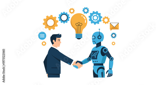Professional businessman in a dark suit shakes hands with a blue robot under a large glowing lightbulb icon surrounded by floating mechanical gear symbols.