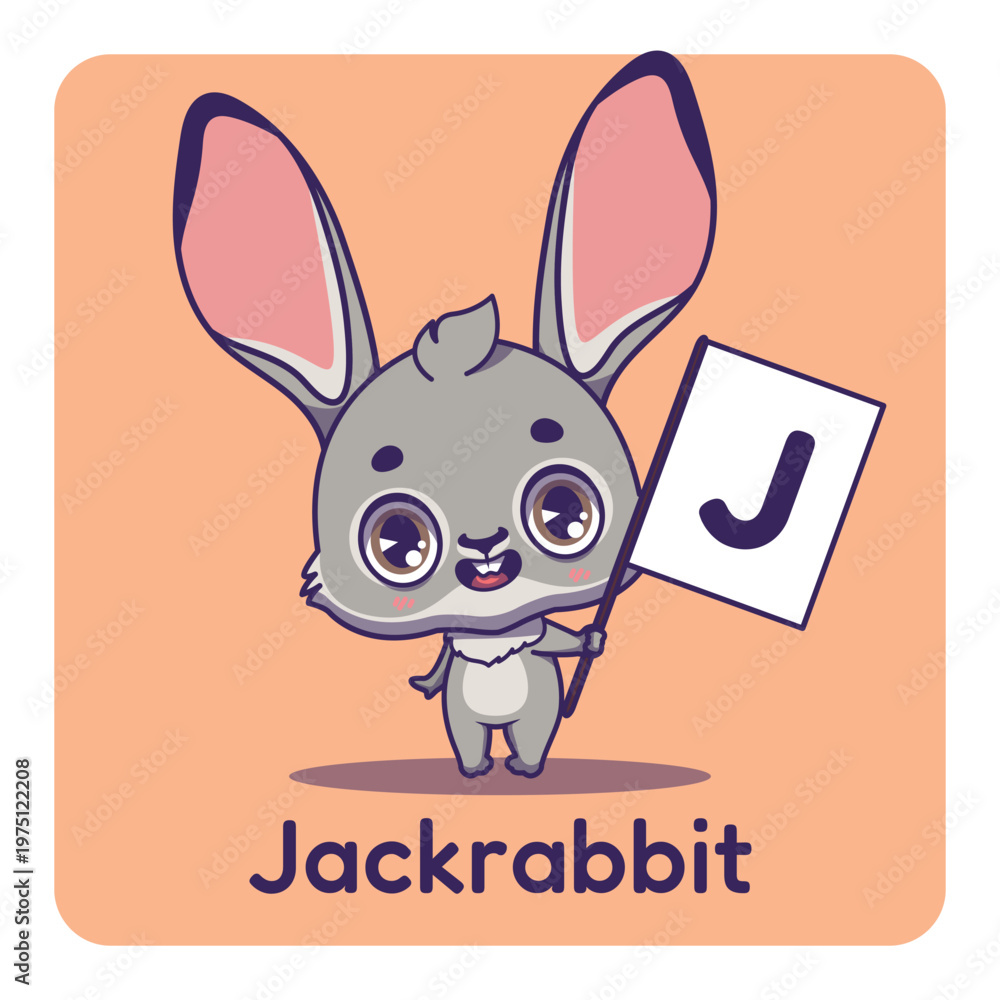 Obraz premium Cute jackrabbit holding flag with letter J for fun educational purposes, illustrations