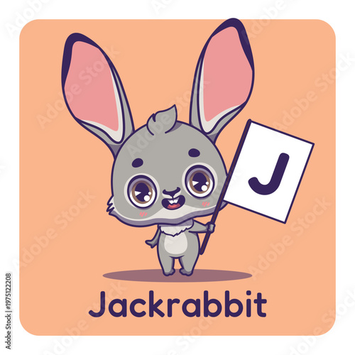Cute jackrabbit holding flag with letter J for fun educational purposes, illustrations