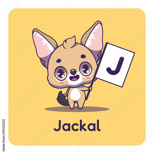 Cute jackal holding flag with letter J for fun educational purposes, illustrations
