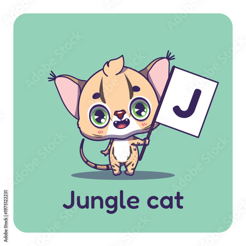 Cute jungle cat holding flag with letter J for fun educational purposes, illustrations