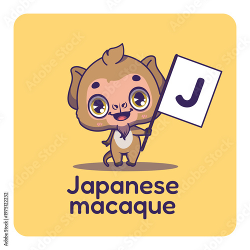 Cute Japanese macaque holding flag with letter J for fun educational purposes, illustrations