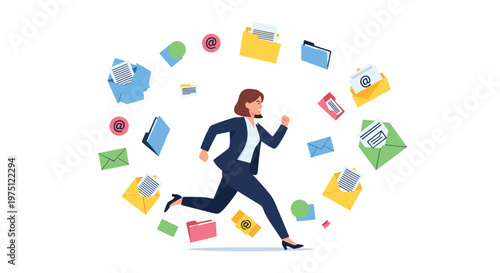 A woman in a business suit runs to the right surrounded by floating email and folder icons on a clean white background representing busy corporate life.