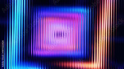 Abstract neon light background with vertical glowing lines, vibrant blue and purple geometric light patterns, futuristic digital texture for tech design