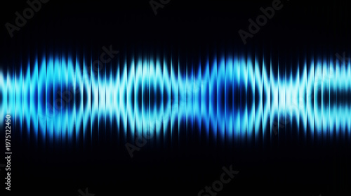Neon blue sound wave on black background, digital audio frequency visualization, glowing electric signal pulse for music production and podcasting