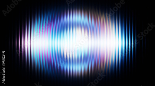 Abstract sound wave visualization, glowing blue and purple audio frequency pulse, digital signal interference pattern on black background