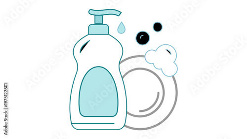 Scalable AI-generated vector icon of a liquid dish soap bottle with pump, soap suds, bubbles, and a ceramic plate, perfect for household cleaning and kitchen maintenance graphics.