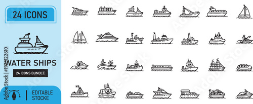 Vector set of castle, houses, and landmarks featuring a black silhouette illustration of a nautical ship and sailing vessel for marine travel and ocean transportation