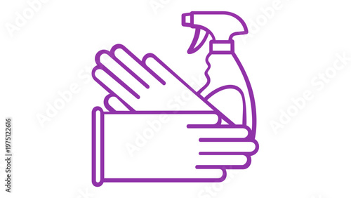 Purple line art vector illustration featuring a spray bottle and protective rubber gloves for household cleaning, sanitation, and hygiene, minimalist flat icon design for housekeeping tasks.