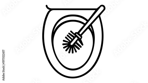 Toilet Cleaning Line Icon Vector Illustration: Minimalist black and white graphic of a toilet bowl and brush for hygiene, sanitation, and housekeeping concepts. Scalable AI-generated design.