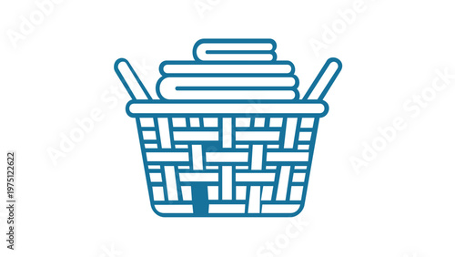 Minimalist laundry basket vector icon illustration featuring neatly folded clothes and towels inside a woven hamper. Clean line art design for household chores, cleaning, and home organization.