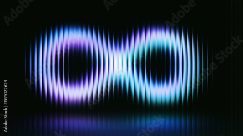 Luminous infinity symbol with neon light effects, abstract glowing loop on black background, futuristic digital art with blue and purple light waves