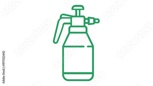 Green line icon illustration of a handheld pressure sprayer bottle for gardening, cleaning, and pest control. Minimalist vector design for household maintenance, plant care, and disinfection.