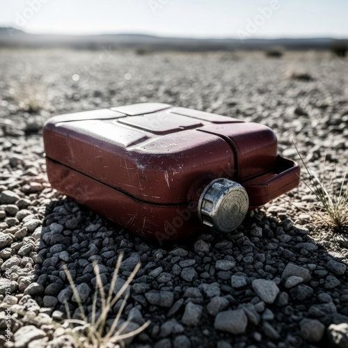 Vintage metal gas canister on rocky desert terrain