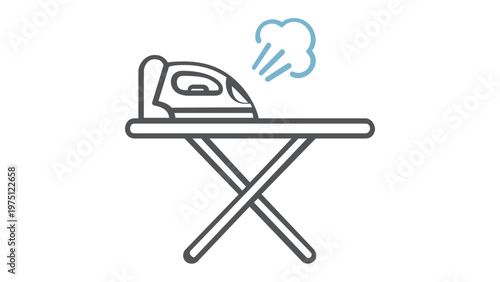 Steam iron on an ironing board vector icon illustration. Minimalist line art of household laundry equipment and appliance. Scalable flat design for cleaning services, housework, and home chores.