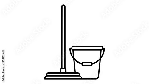 Minimalist black and white vector icon illustration of a cleaning mop and bucket set, ideal for household chores, janitorial services, sanitation, and hygiene-related graphic design projects.