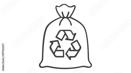 Minimalist vector line icon illustration of a tied recycling trash bag featuring a prominent Mobius loop symbol, ideal for waste management, environmental sustainability, and eco-friendly cleaning.