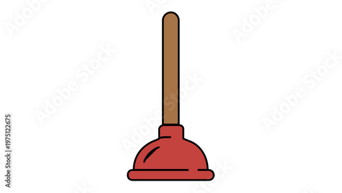 Minimalist Vector Illustration of a Toilet Plunger Icon with Red Rubber Cup and Wooden Handle, Flat Design Graphic for Cleaning, Plumbing, and Household Maintenance Services, AI-Generated.