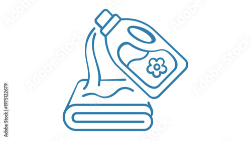 Blue line art vector icon illustration of a laundry detergent bottle pouring liquid soap onto a folded towel, representing household cleaning, fabric care, washing, laundry, and domestic chores.