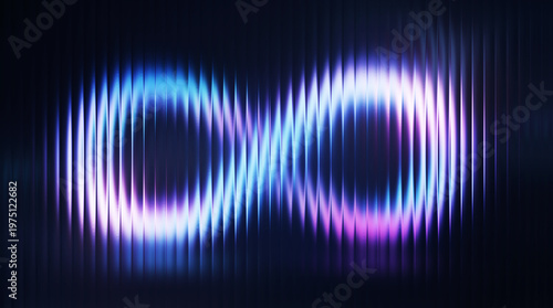 Glowing infinity symbol with digital scanline texture, neon blue and purple light loop, futuristic abstract background for technology and data concepts