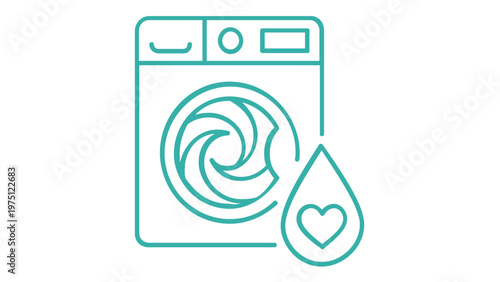 Minimalist teal line vector icon illustration of a washing machine with a water drop and heart symbol, representing gentle laundry care, eco-friendly detergent, and professional cleaning services.