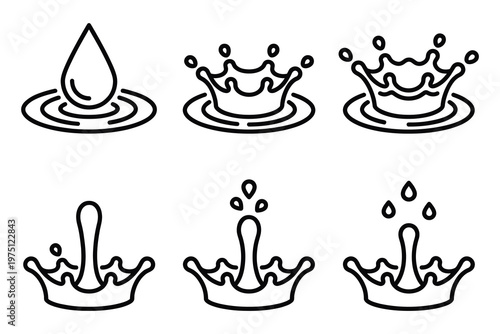 Water drop and liquid splash crown effect line icons showing various stages of impact and ripples for hydration purity concepts