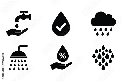 Water conservation and usage silhouettes including rain clouds shower head faucet and eco friendly saving symbols for environmental