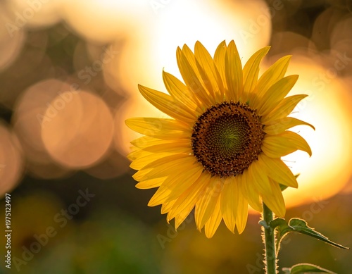 A vibrant sunflower basks in golden sunlight, its petals illuminated against a blurred backdrop of bokeh and warm hues