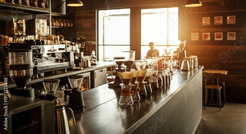 Coffee shop counter lined with pour-over brewers and warm morning sunlight