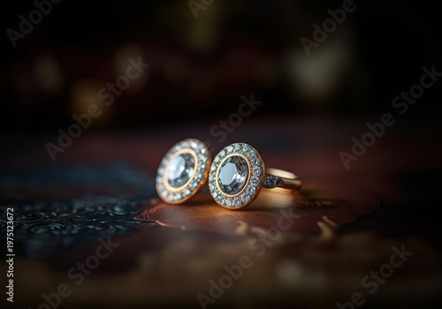 Gold earrings with central gemstones and pave crystals on textured dark surface