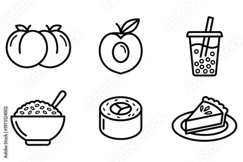 Collection of food and drink line icons including peaches boba tea rice bowl sushi roll and cheesecake slice with porridge, japanese