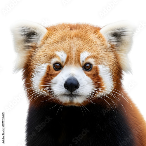 A detailed front view of a fluffy red panda featuring distinctive white facial markings on transparent background