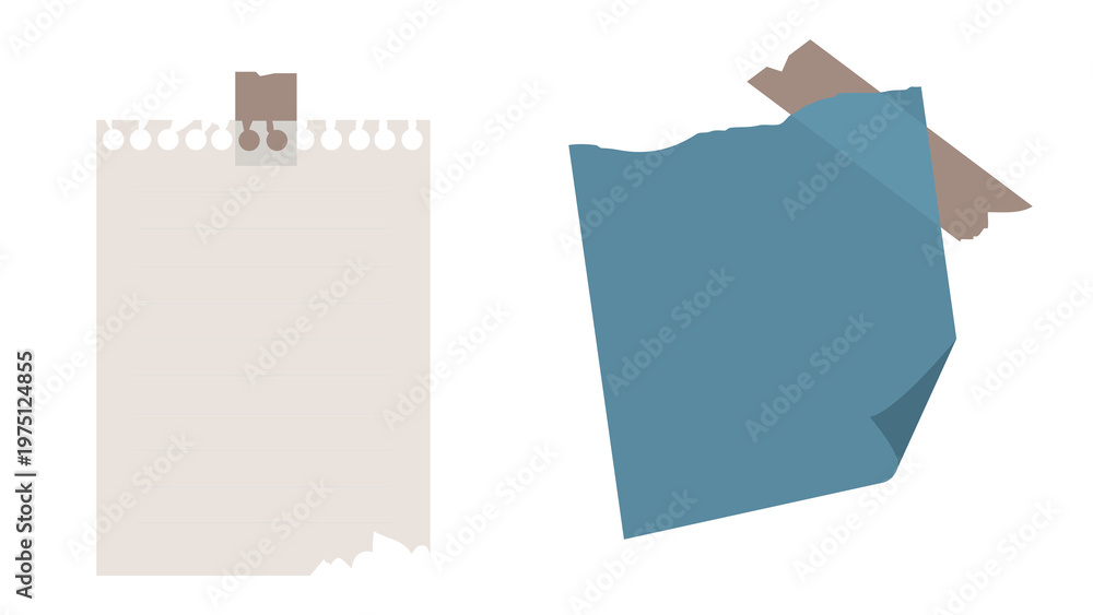 Fototapeta premium Torn paper notes with clips and adhesive tape on transparent background for office or school supplies transparent background