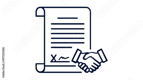 Professional legal contract and business agreement vector icon illustration featuring a signed document scroll and a handshake, representing partnership, law, justice, and successful deal-making.