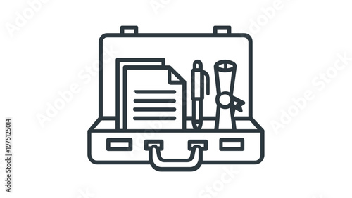 Minimalist law firm line icon vector illustration of an open briefcase with legal documents, a pen, and a rolled scroll, ideal for justice, attorney services, and professional business branding.