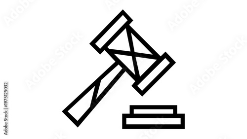 Minimalist black and white line vector icon illustration of a judge's gavel and sound block, representing law, justice, legal authority, court proceedings, and auction hammer, scalable AI-generated.