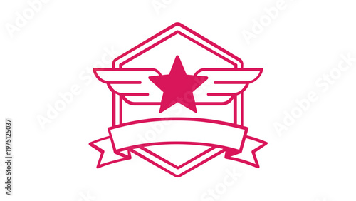 Vibrant orange and pink gradient vector illustration of a winged star badge icon with a ribbon banner and hexagonal shield frame, ideal for legal justice emblems, achievement awards, and success.